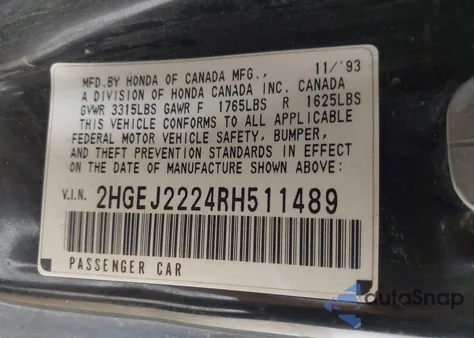 1994 Honda Civic Dx from USA, damaged, VIN 2HGEJ2224RH511489